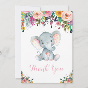 Blumiger süßer Elefant Baby Mädchen Rosa und Grau Dankeskarte