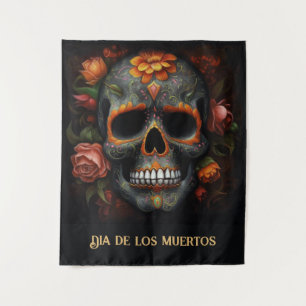 Blumiger Zuckerschädel Dia de los Muertos Calavera Wandteppich