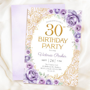 Blumiges 30. Geburtstags-Lila-Purple-Gold Einladung