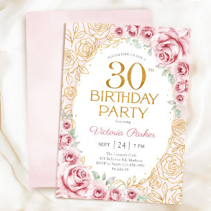 Blumiges 30. Geburtstags-Rosa-Gold Einladung