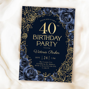 Blumiges 40. Geburtstags-Navyblau Gold Einladung