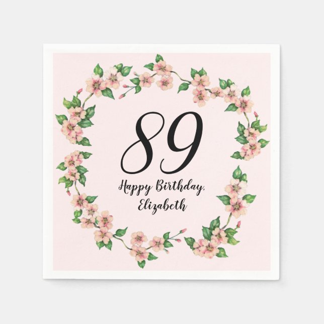 Blumiges 89. Geburtstags-Rosa-Blush Serviette (Vorderseite)