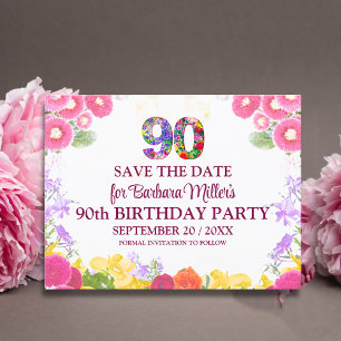 Blumiges 90. Geburtstags-Save-the-Date, elegantes Ankündigungspostkarte