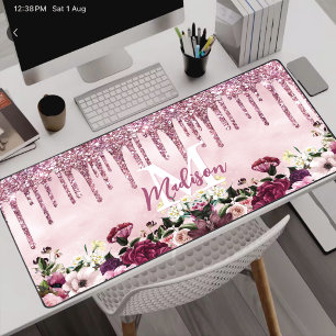 Blumiges Burgunderrosa tropfender Glitter-Monogram Schreibtischunterlage