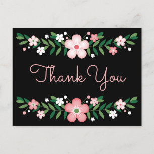 Blumiges Dankeschön Schwarz, rosa Blumen Hochzeits Postkarte