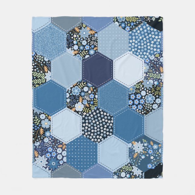 Blumiges, Denim-Patchwork: blaues Muster. Fleecedecke (Vorderseite)