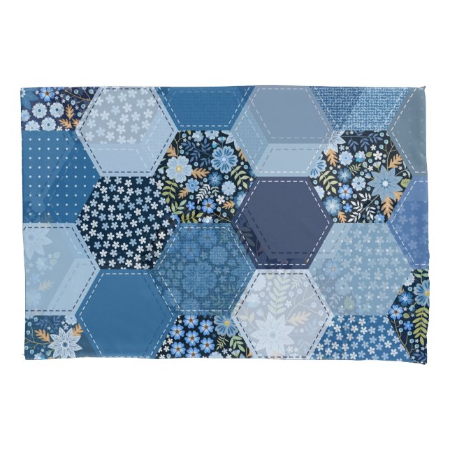 Blumiges, Denim-Patchwork: blaues Muster. Kissenbezug (Vorderseite)