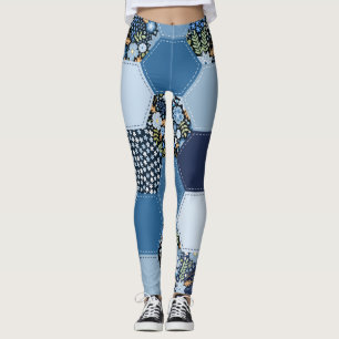 Blumiges, Denim-Patchwork: blaues Muster. Leggings