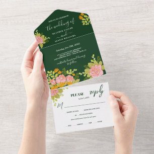 Blumiges Dunkelgrün Hochzeits Botanisch All In One Einladung