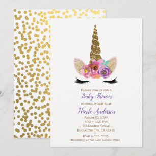 Blumiges Einhornhorn Gold Konfetti Babyparty Einladung