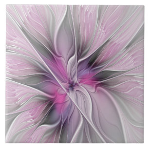 Blumiges Fraktal Modern Abstrakt Blume Pink Grau Fliese