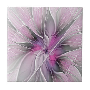 Blumiges Fraktal Modern Abstrakt Blume Pink Grau Fliese