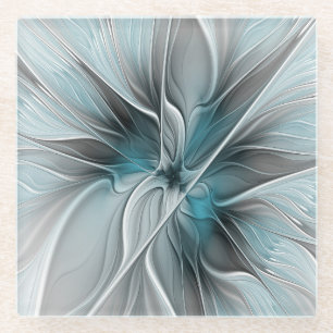 Blumiges Fraktal Modernes abstraktes Blumen Blau G Glasuntersetzer