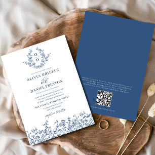 Blumiges französisches Vintage-QR-Code-Navy-Blau-H Einladung