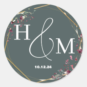 Blumiges Gold Elegantes Modernes Monogramm Hochzei Runder Aufkleber