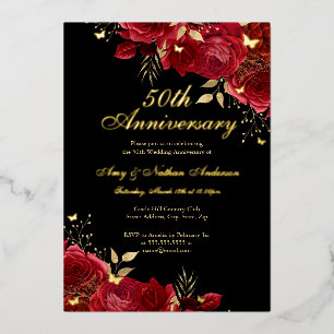 Blumiges Gold Rot 50. Hochzeitstag Folieneinladung