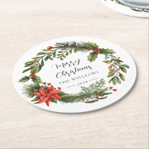 Blumiges Grün Rot Beeren Familie Weihnachtsfeier Runder Pappuntersetzer