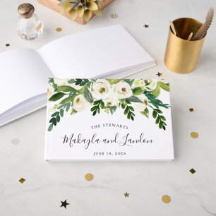 Blumiges Grün Weiß Rosen Elegante Hochzeit Gästebuch