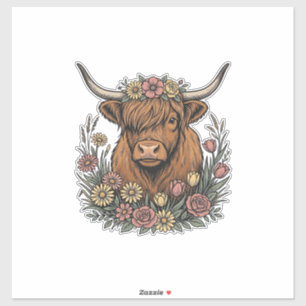 Blumiges Highland-Rind Vintage-Stichdesign_1 Aufkleber