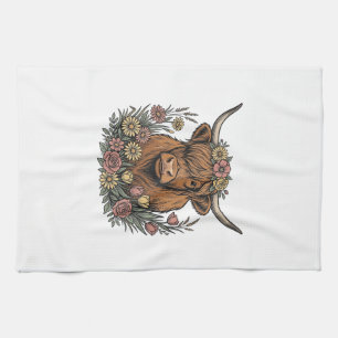 Blumiges Highland-Rind Vintage-Stichdesign_1 Geschirrtuch