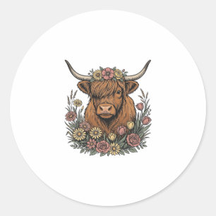 Blumiges Highland-Rind Vintage-Stichdesign_1 Runder Aufkleber