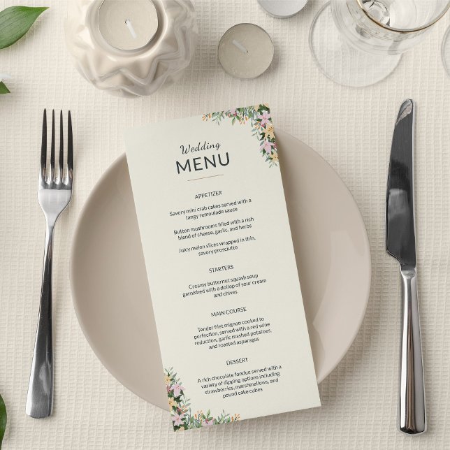 Blumiges Hochzeitsmenü - Boho-Stil Menükarte (Von Creator hochgeladen)