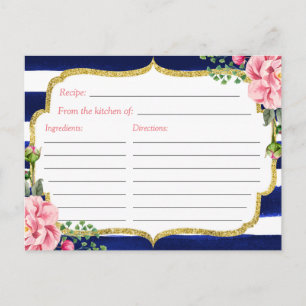 Blumiges Hochzeitsrezeptkarte mit navyblauen Strei Postkarte