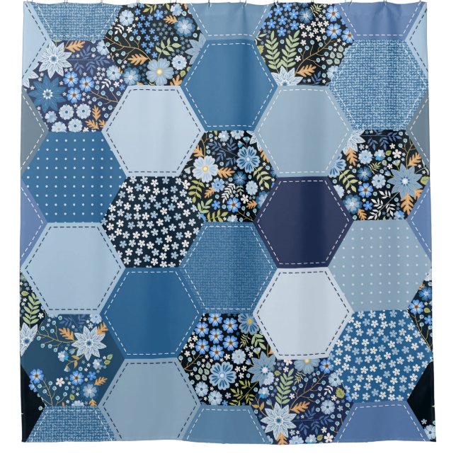 Blumiges, Jeans-Patchwork: blaues Muster. Duschvorhang (Vorderseite)