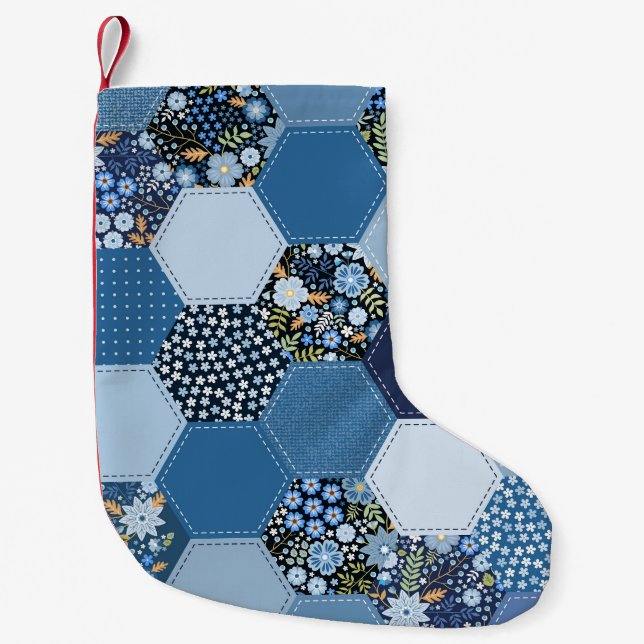 Blumiges, Jeans-Patchwork: blaues Muster. Kleiner Weihnachtsstrumpf (Vorderseite)