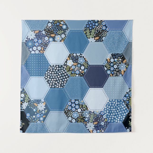 Blumiges, Jeans-Patchwork: blaues Muster. Wandteppich (Vorderseite)