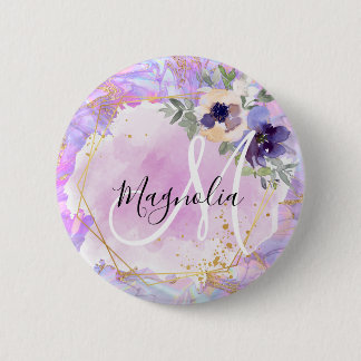 Blumiges lila, rosa und goldenes Regenbogen-Marmor Button