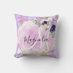 Blumiges lila, rosa und goldenes Regenbogen-Marmor Kissen