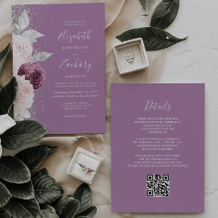 Blumiges Maigrün-Rosa-Silber-Glitter-QR-Code-Hochz Einladung