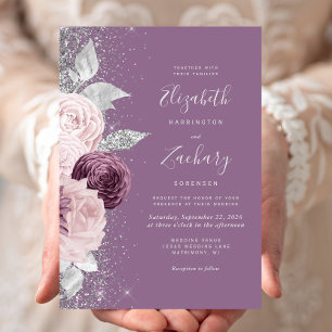 Blumiges Mauve-Rosa-Silber-Glitter-Hochzeit Einladung