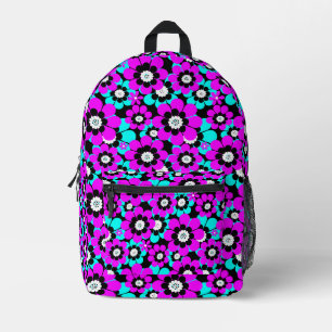 Blumiges Neonmuster Lila und Türkis Blumen Bedruckter Rucksack