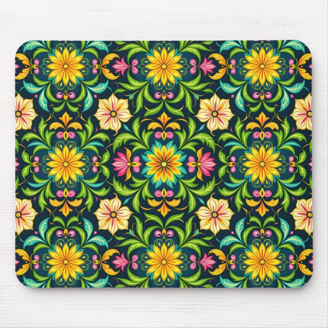 Blumiges Ornamentmuster in lebendigen Farben Mousepad (Vorne)