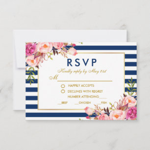Blumiges Rosa Blau Streifen Hochzeit RSVP Mahlzeit Karte