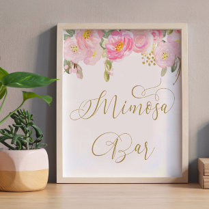 Blumiges rosa goldenes Kalligrafie-Mimosa-Bar-Schi Poster
