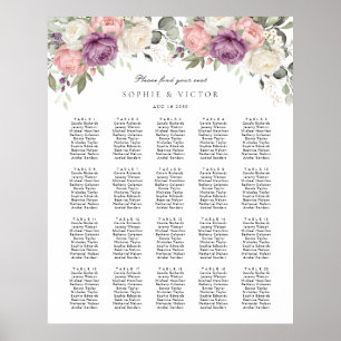 Blumiges Rosa Lila 20 Tische Hochzeits-Sitzplan Poster