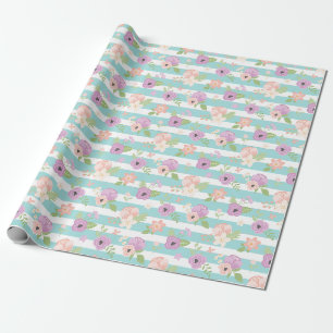 Blumiges Rosa Lila Grünzeug Blau Streifen Geschenkpapier