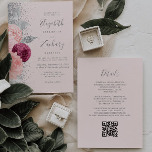 Blumiges Rosa Silber Burgunder QR-Code Hochzeit Einladung