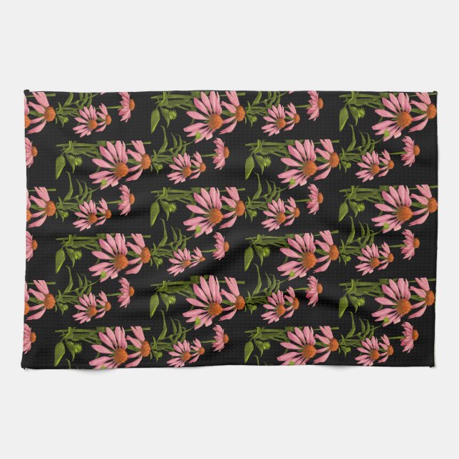 blumiges Rosa und Schwarz Geschirrtuch (Horizontal)
