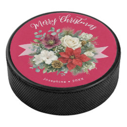 Blumiges Rot Frohe Weihnachten Benutzerdefinierter Eishockey Puck