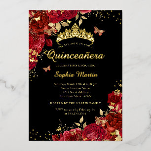 Blumiges rotes Schmetterling Elegantes Gold Quince Folieneinladung