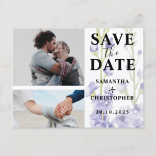 Blumiges Save the Date Lila & Weiße Foto Hochzeit Ankündigungspostkarte