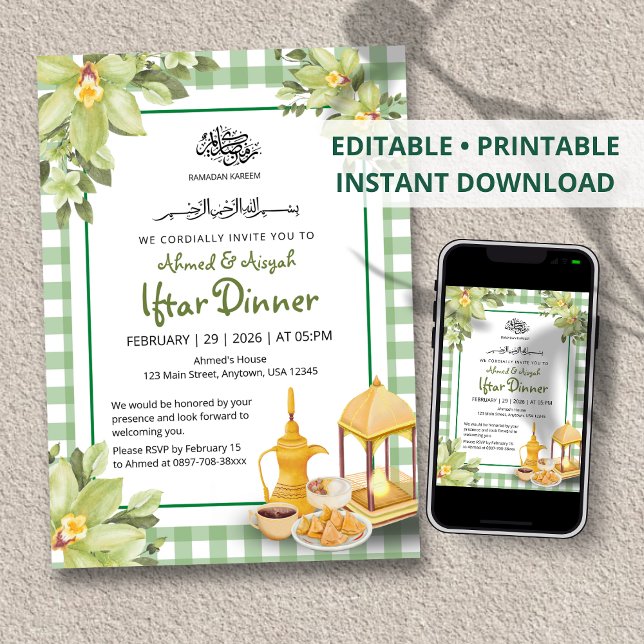 Blumiges süßes hellgrünes Gingham-Ramadan-Iftar Einladung (Von Creator hochgeladen)