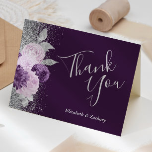 Blumiges Tiefviolett Silber Hochzeit Danke Karte