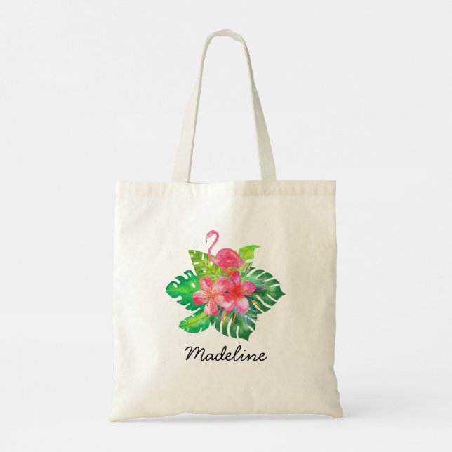 Blumiges Tropisches Flamingo Monogramm Tragetasche (Rückseite)