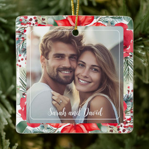 Blumiges Unser erstes Weihnachten Verlobt Foto-Orn Keramikornament