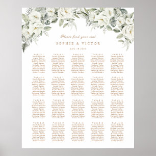 Blumiges weißes Hochzeitstisch-Sitzplan für 20 Tis Poster